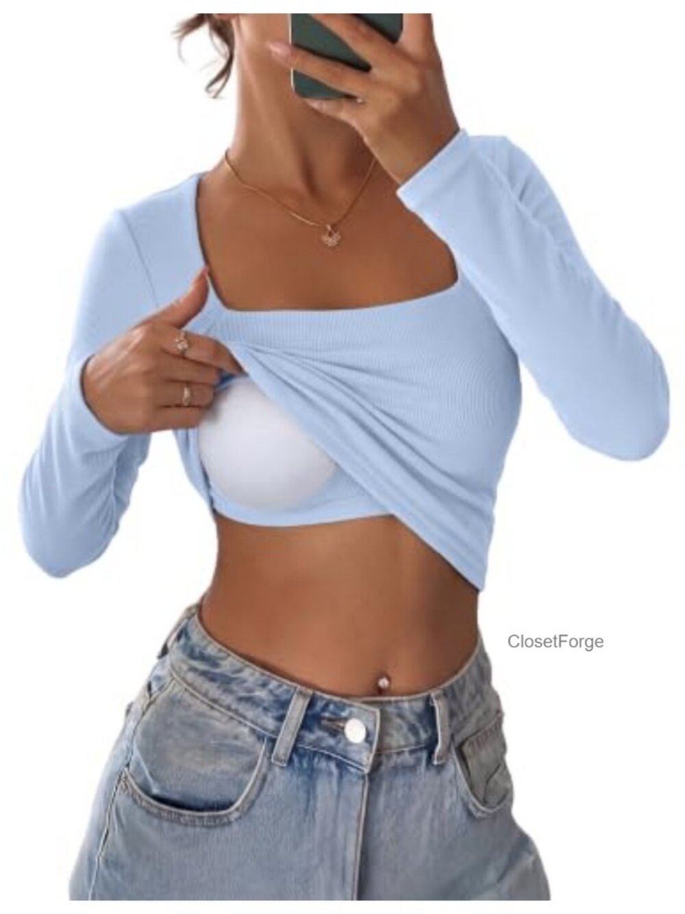 Built in Bra Long Sleeve Square Neck Double Lined Slim Fit Top